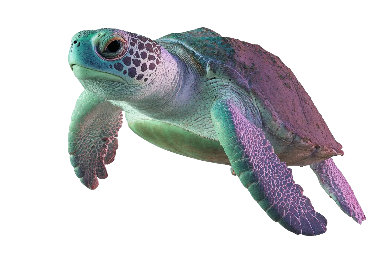 Large sea turtle swimming with technological lights and dark background