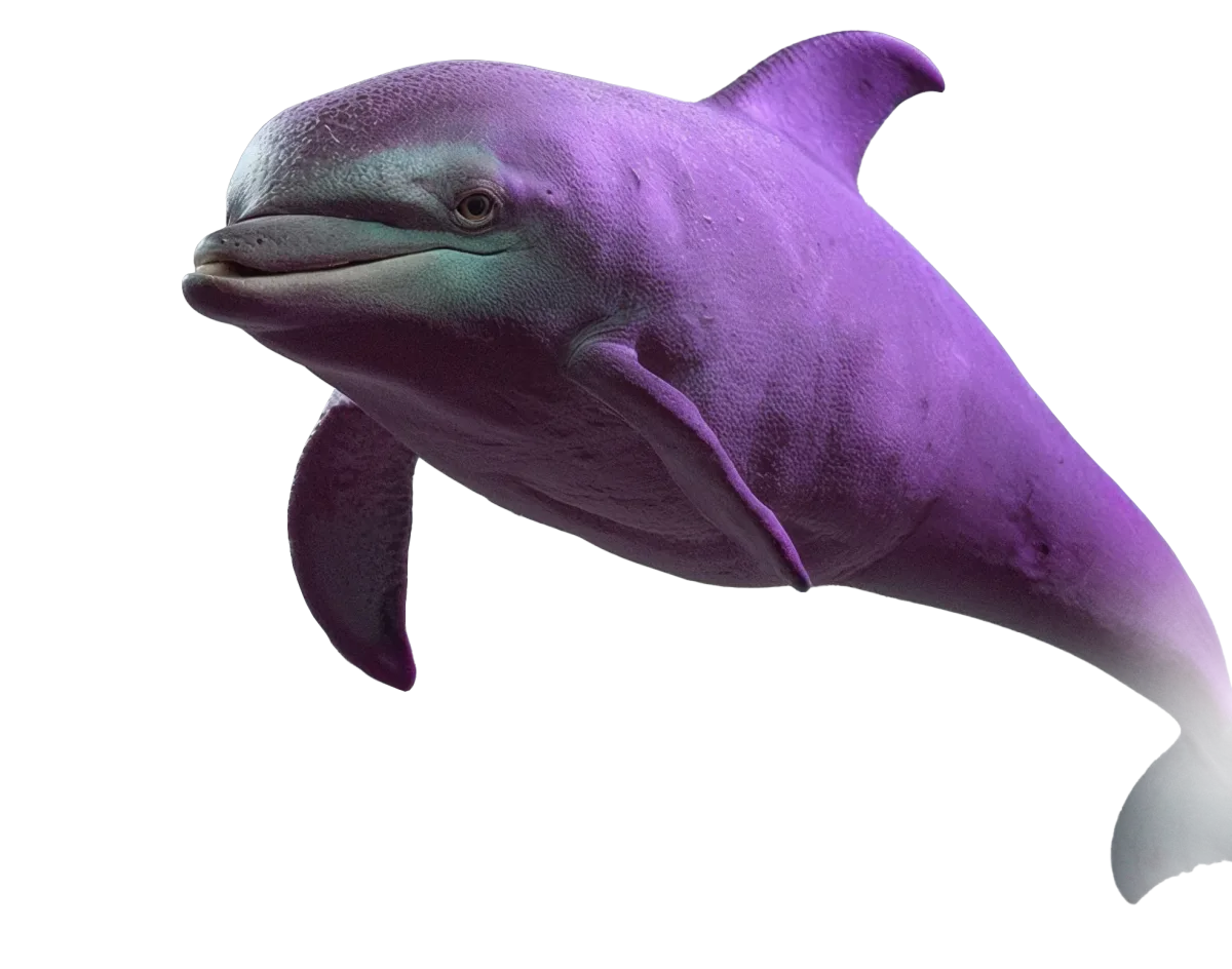 Intelligent dolphin swimming towards the user in dark water with purple light