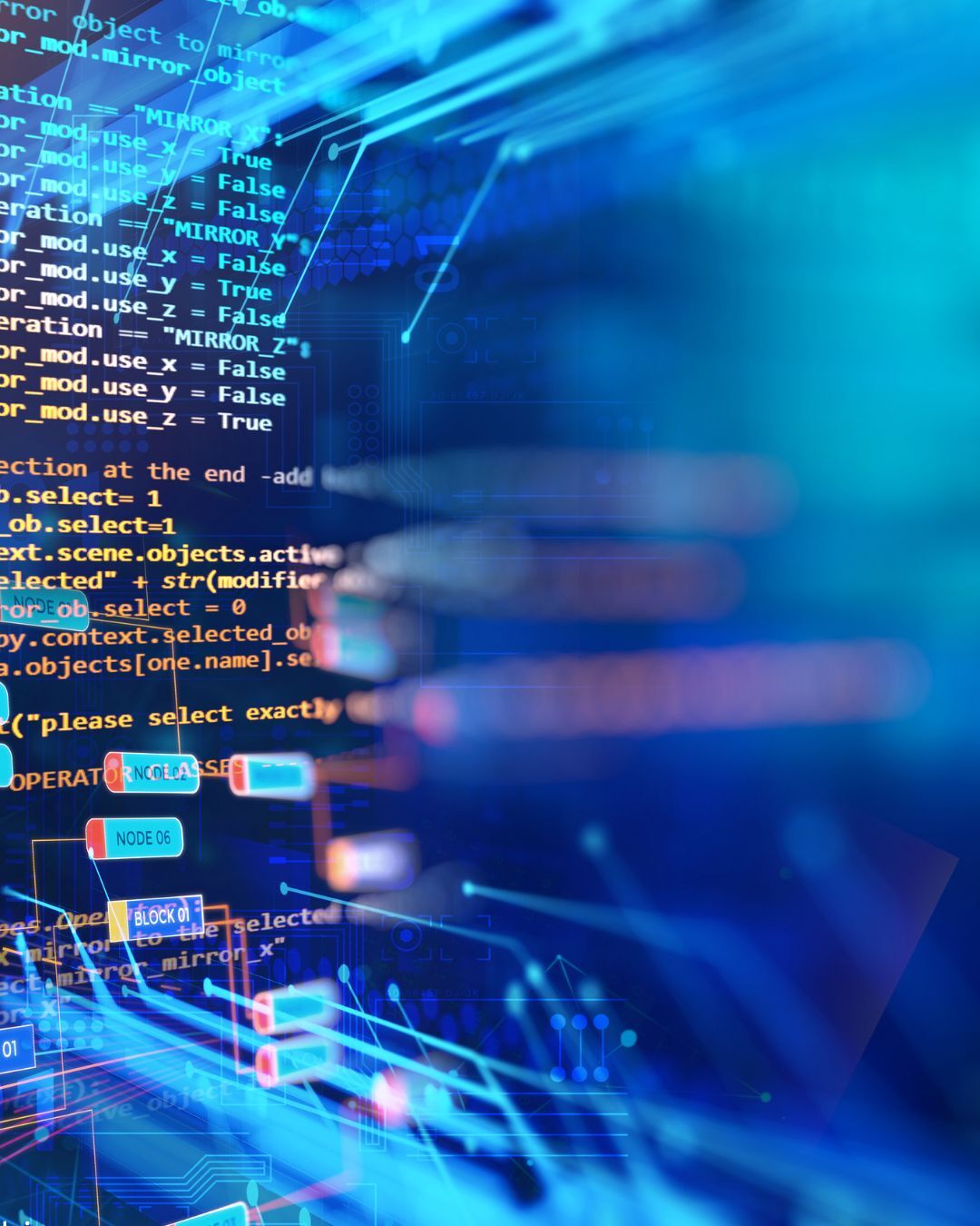 Illustration of a programming theme surrounded by names of popular languages including JavaScript, Python, Java, Go, Ruby, PHP and Swift