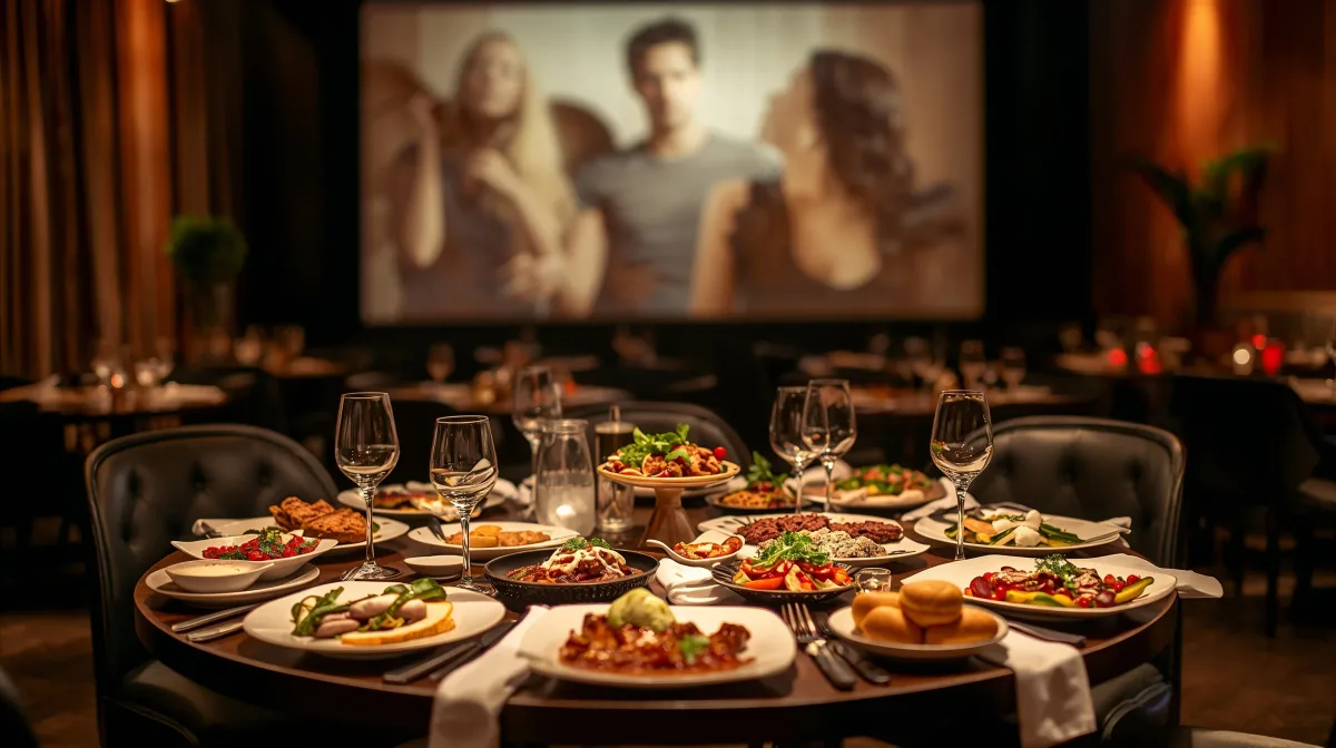 Elegant bar or restaurant with warm lighting, tables set for dinner